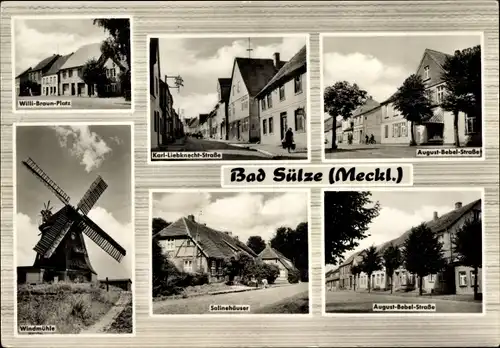 Ak Bad Sülze in Mecklenburg, Willi Braun Platz, Karl Liebknecht u. August Bebel Straße, Windmühle