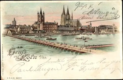 Litho Köln am Rhein, Blick auf die Stadt, Brücke