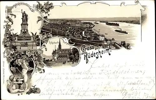 Litho Rüdesheim am Rhein, Stadt, Rochuskapelle, Denkmal, Engel