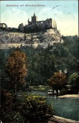 Ak Bad Kösen Naumburg an der Saale, Rudelsburg mit Motorboot-Station