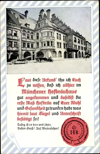 Ak München Bayern, Urkunde Hofbräuhaus, Pächter Hans Bacheri, Autos