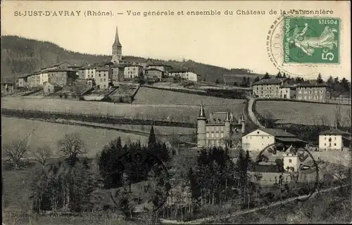 Ak Saint Just d'Avray Rhône, Vue generale et ensemble du Chateau de la Valsonniere