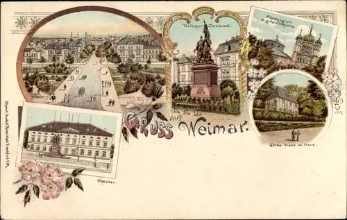 Litho Weimar in Thüringen, Goethe Haus, Kriegerdenkmal, Theater, Fürstengruft Griechische Kapelle