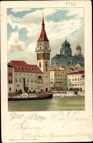 Litho Passau in Niederbayern, Teilansicht mit Dampfer