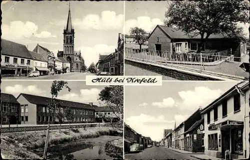 Ak Hüls Krefeld am Niederrhein, Kirche, Straße, Geschäft