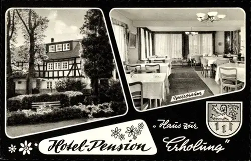 Ak Flammersfeld im Westerwald, Hotel-Pension Haus zur Erholung, Speiseraum, Wappen