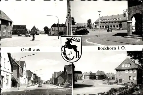 Wappen Ak Bockhorn in Oldenburg Friesland, Platz, Straßenpartie, Wohnhäuser