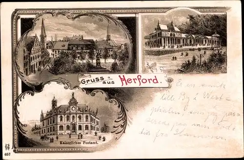 Litho Herford in Westfalen, Kaiserliches Postamt, Platz, Denkmal