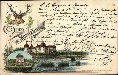 Litho Moritzburg in Sachsen, Jagdschloss, Hirsch, Fasanenschlösschen