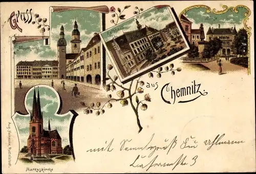 Litho Chemnitz in Sachsen, Hauptmarkt, Rathaus, Markuskirche, Börse