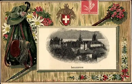 Präge Passepartout Ak Lausanne Kt. Waadt Schweiz, Kletterausrüstung, Wappen, Blumen