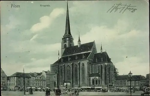 Ak Plzeň Pilsen Stadt, Ringplatz, Kirche