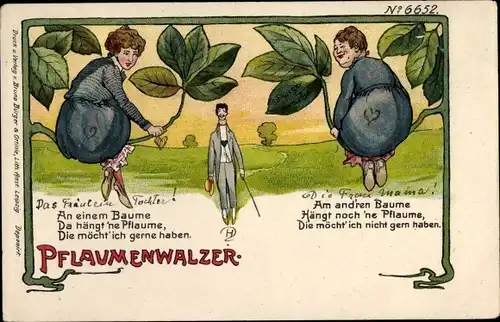 Litho Pflaumenwalzer, vermenschlichte Pflaumen, Mann