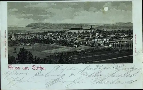 Mondschein Litho Gotha in Thüringen, Blick auf den Ort, Schloss Friedenstein