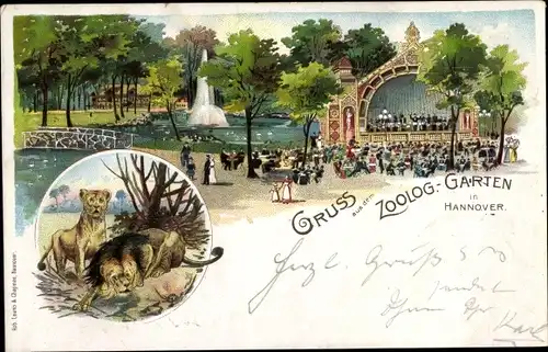 Litho Hannover in Niedersachsen, Löwen, Zoologischer Garten, Konzertpavillon