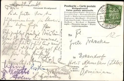 Ak Schwerin in Mecklenburg, Weinrestaurant Uhle, Großer Kneipsaal, Innenansicht