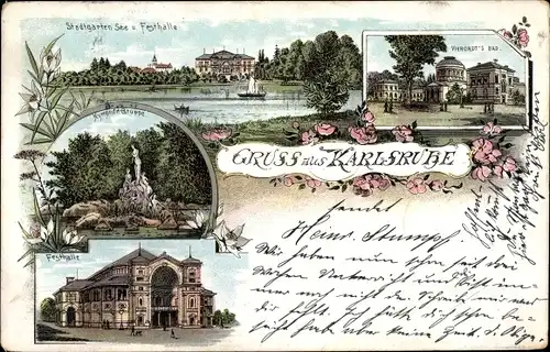 Litho Karlsruhe in Baden, Stadtgarten See u. Festhalle, Vierordt's Bad, Nymphengruppe