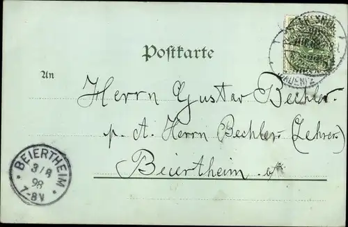 Mondschein Litho Karlsruhe in Baden, Evang. Stadtkirche, Rathaus, Gottesau