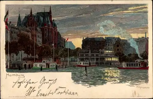Künstler Litho Kley, Hamburg, Abendstimmung, Anlegeplatz der Alsterboote