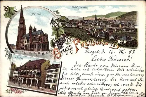 Litho Freiburg im Breisgau Baden Württemberg, Münster, Kaufhaus, Totalansicht von Ort