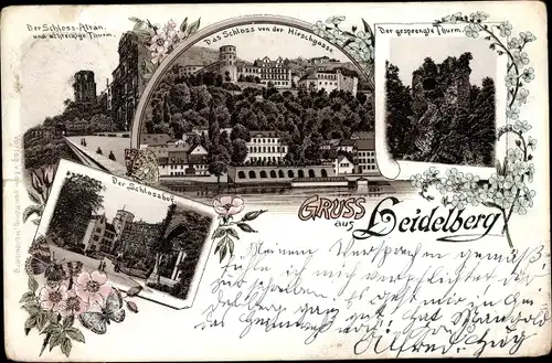 Litho Heidelberg am Neckar, Schloss Altan, gesprengter Turm, Schlosshof