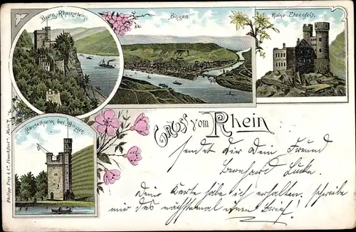 Litho Bingen am Rhein, Panorama vom Ort, Rheinstein, Ruine Ehrenfels, Mäuseturm