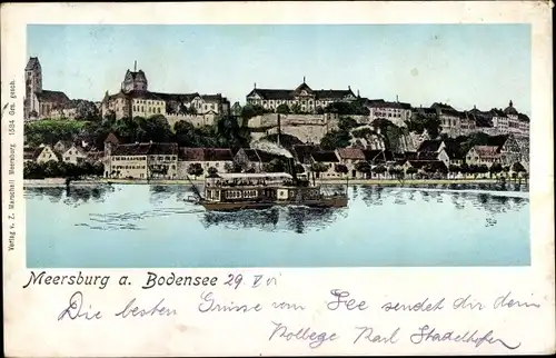 Leuchfenster Ak Meersburg im Bodenseekreis Baden Württemberg, Dampfer, Stadtpanorama