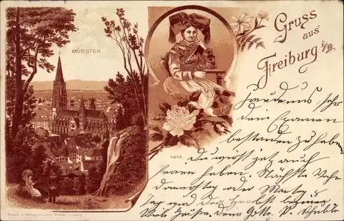 Litho Freiburg im Breisgau, Münster, Frau in Tracht