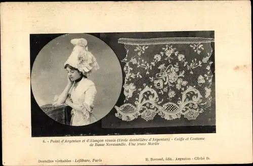 Ak Point d'Argentan et d'Alencon reunis, Coiffe et Costume de Basse Normandie, Klöppeln