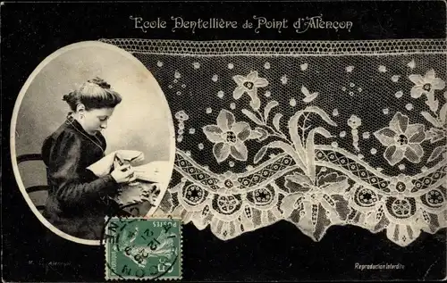 Ak Ecole Dentelliere de Point d'Alencon, Klöpplerin, Spitzen
