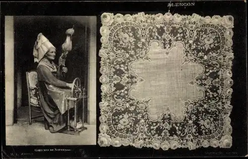 Ak Alencon, Costumes de Normandie, Frau in Tracht, Spitzen, Spinnrad
