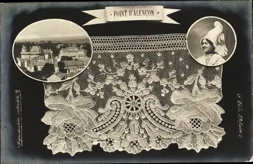Ak Point d'Alencon, Frau in Tracht, Klöppelwerk