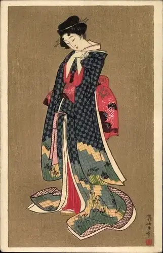 Ak Frau in japanischer Tracht, Standportrait
