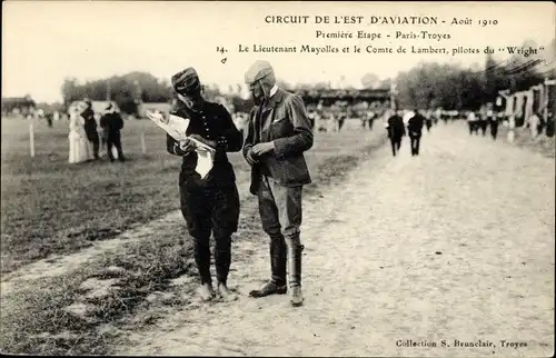 Ak Circuit de l'Est d'Aviation Troyes 1910, Lieutenant Mayolles, Comte de Lambert, pilotes du Wright