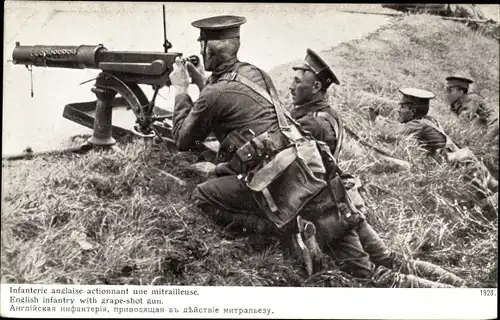 Ak Infanterie anglaise actionnant une mitrailleuse, britische Soldaten mit Maschinengewehr