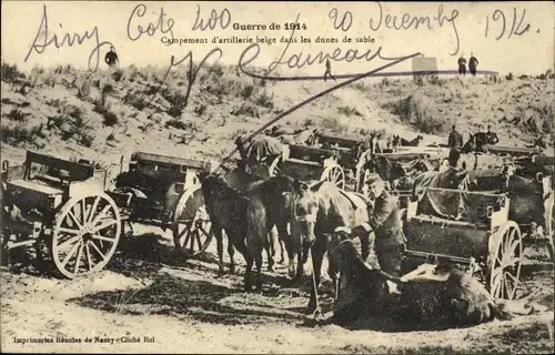 Ak Campement d'artillerie belge dans les dunes de sable, I WK