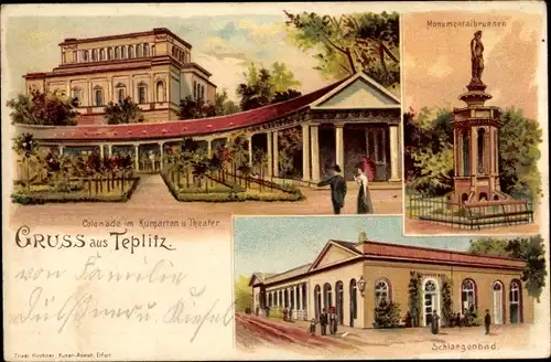 Litho Teplice Teplitz Region Aussig, Colonade im Kurgarten, Theater, Schlangenbad, Monumentalbrunnen