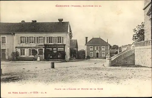 Ak Corcieux Vosges, Place de l'Eglise, Route de la Gare, Pharmacie