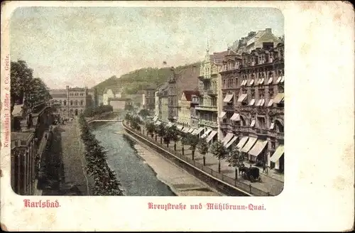 Ak Karlovy Vary Karlsbad Stadt, Kreuzstraße, Mühlbrunn-Quai