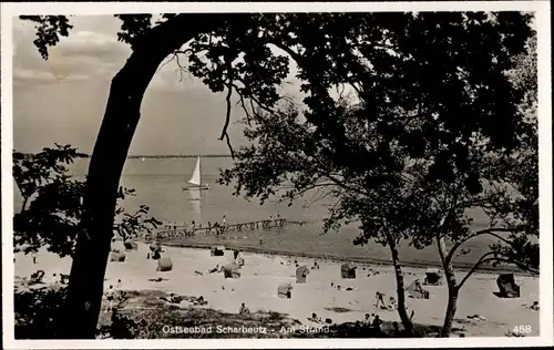 Ak Scharbeutz in Ostholstein, Ostseebad, Strandleben, Segelboot, Strandkörbe