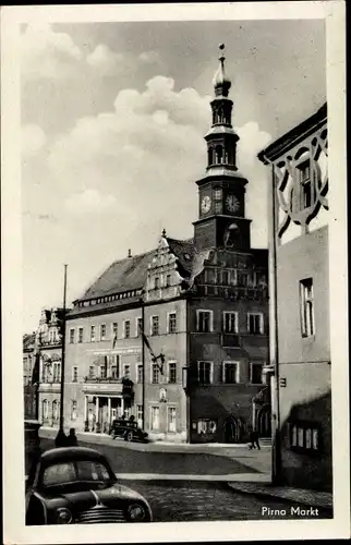 Ak Pirna an der Elbe, Marktplatz, Rathaus, Straßenpartie