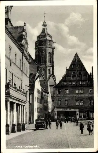 Ak Pirna, Obermarkt, Geschäft Schumann, Turm, Kinder, Gebäude