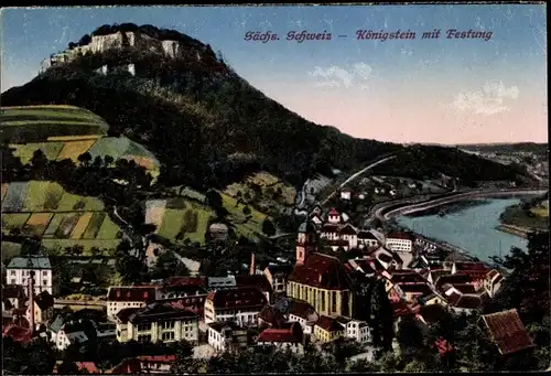 Ak Königstein an der Elbe Sächsische Schweiz, Gesamtansicht mit Festung