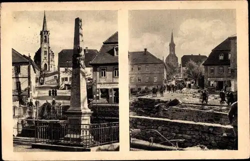 Ak Berggießhübel in Sachsen, Platz an der Brücke, Wegsäule, vor u. nach Katastrophe 8./9. Juli 1927