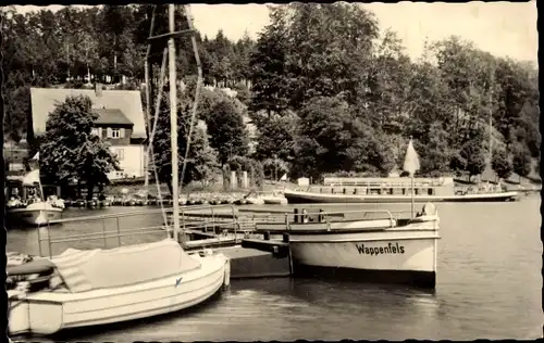 Ak Kriebstein Mittelsachsen, Zschopau Talsperre, Bootsstation, Boot Wappenfels