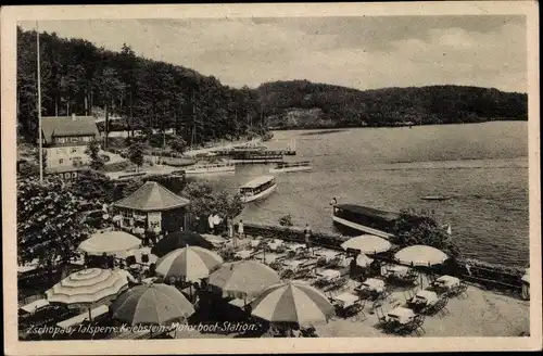 Ak Kriebstein Mittelsachsen, Zschopau Talsperre, Motorboot-Station, Terrasse