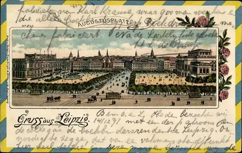 Litho Leipzig in Sachsen, Augustusplatz, neues Theater, Straßenbahn