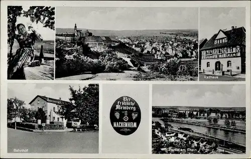 Ak Nackenheim am Rhein, Weinberg, Bahnhof, Rathaus, Gesamtansicht