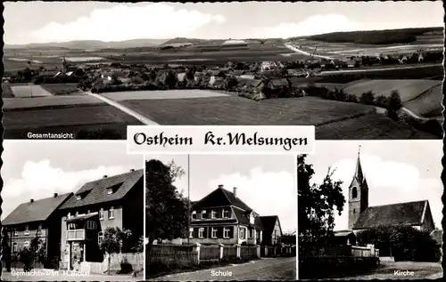 Ak Ostheim Malsfeld in Hessen, Panorama, Schule, Kirche, Gemischtwaren