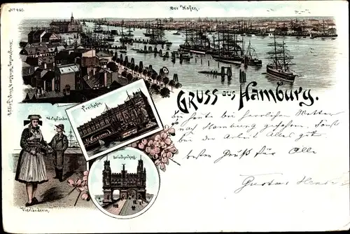 Litho Hamburg Mitte Altstadt, Hafen, Vierländerin in Tracht, Freihafen, Brückenkopf